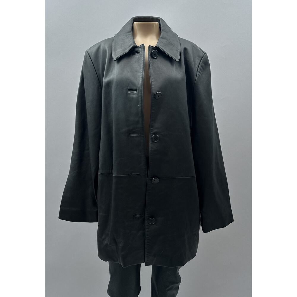 Vintage Liz Claiborne Button Front Leather Jacket Coat Black Women's Size Large